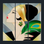 Art Deco Frauen mit Pfauenfeder Triptychon<br><div class="desc">Schöne Frau,  die intensiv einer Rede zuhört,  oder einer Predigt,  oder vielleicht einer Modenschau. Aus ihrer Vintagen modischen Erscheinung und ihrem hochmütigen Ausdruck,  denke ich,  es ist eine Modenschau. Kannst du nicht einfach sehen,  wie sie sich zu ihrer nächsten Haltung wandelt?</div>