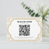 Art Deco Gatsby 1920s Wedding White Gold QR Code RSVP Karte (Stehend Vorderseite)