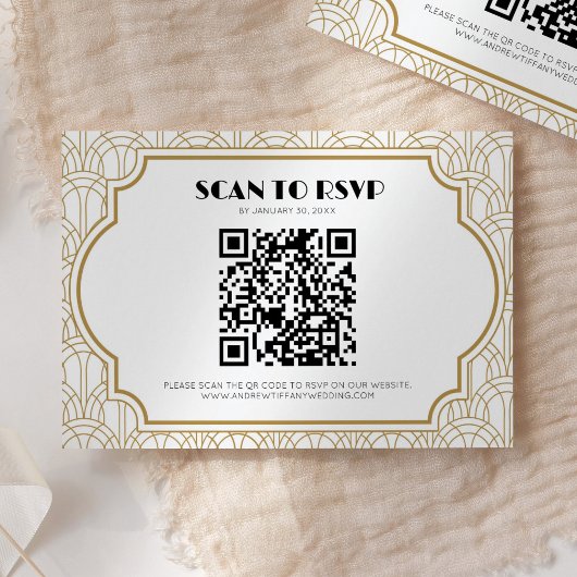 Art Deco Gatsby 1920s Wedding White Gold QR Code RSVP Karte