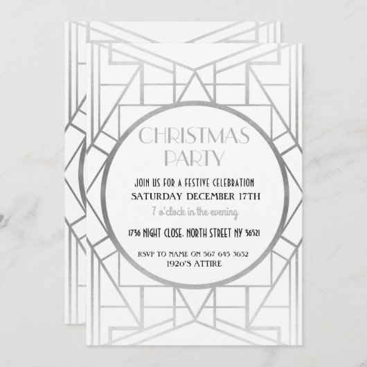 Art Deco Gatsby 20er Jahre Weihnachts-Party Silver Einladung (Vorne/Hinten)