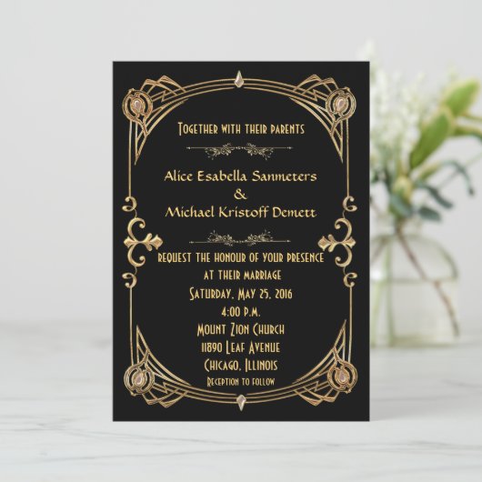 Art Deco Gatsby Art Wedding Einladung (Stehend Vorderseite)