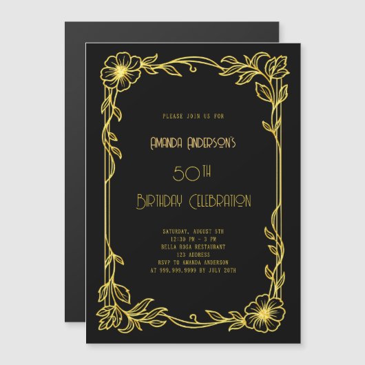 Art Deco Gatsby black gold birthday Magneteinladung (Vorne/Hinten)