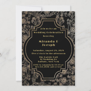 Art Deco Gatsby Black Gold Blume Moderne Hochzeit Einladung