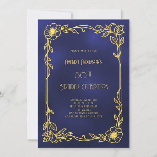 Art Deco Gatsby blue gold birthday Einladung (Vorderseite)