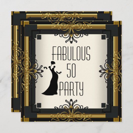 ART DECO Gatsby Fabulous 50 50th Gold Cream Black Einladung (Vorne/Hinten)