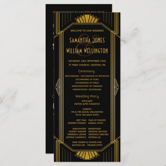 Art Deco Gatsby Modern Wedding Timeline Programm (Vorne/Hinten)