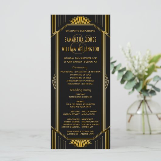 Art Deco Gatsby Modern Wedding Timeline Programm (Stehend Vorderseite)