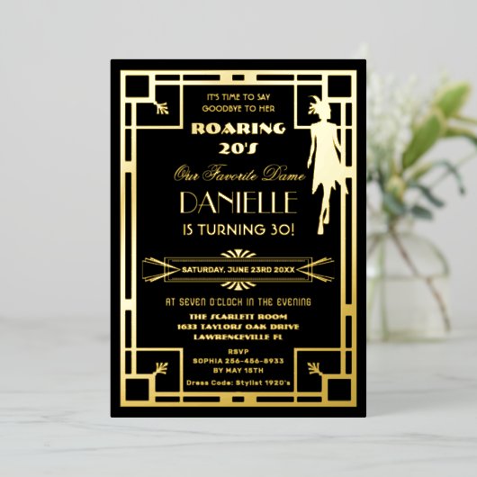 Art Deco Gatsby Roaring 20s 30th Birthday Real Folieneinladung (Stehend vorne)
