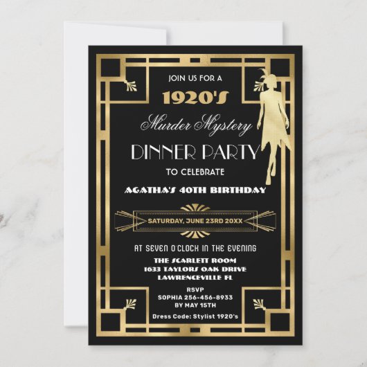 Art Deco Gatsby Roaring 20s Murder Mystery Party Einladung (Vorderseite)