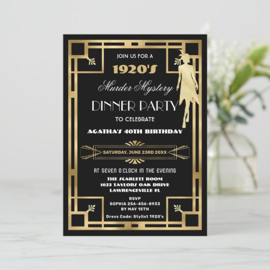 Art Deco Gatsby Roaring 20s Murder Mystery Party Einladung (Stehend Vorderseite)