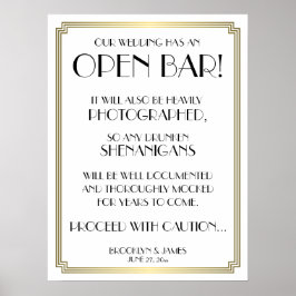 Art Deco Gatsby White and Gold Open Bar Sign 18x24 Poster