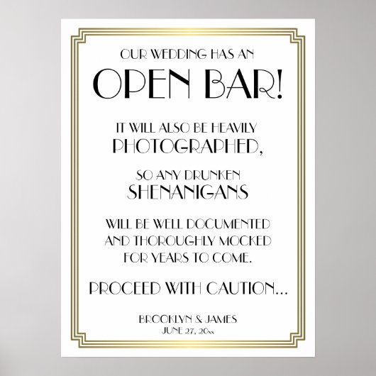 Art Deco Gatsby White and Gold Open Bar Sign 18x24 Poster (Vorne)