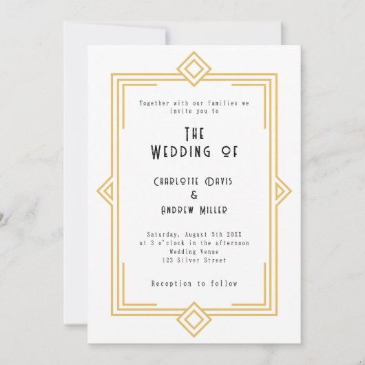 Art Deco Gatsby white gold wedding Einladung (Vorderseite)