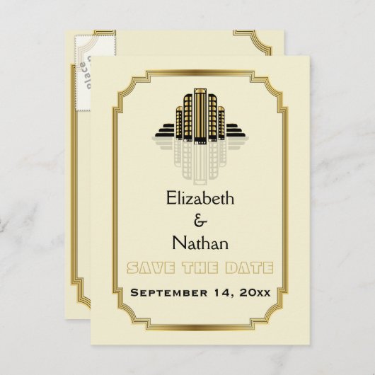 Art-Deco-Gebäude-Goldhochzeit Retten Sie das Datum Ankündigungspostkarte (Vorne/Hinten)
