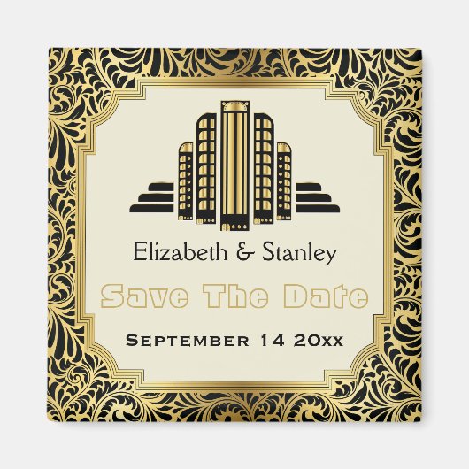 Art-Deco-Gebäude-Goldhochzeit Retten Sie das Datum Magnet (Vorne)