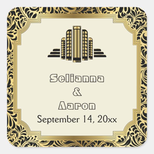 Art-Deco-Gebäude-Goldhochzeit Retten Sie das Datum Quadratischer Aufkleber (Vorderseite)