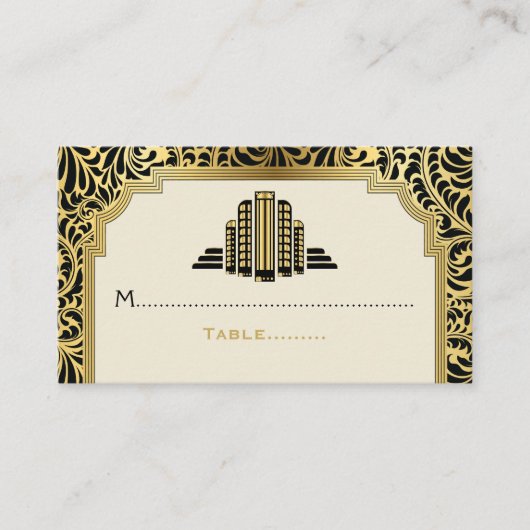 Art Deco Gebäude Schwarz, Gold Hochzeit Platzkarte (Vorderseite)