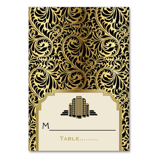 Art Deco Gebäude Schwarz, Gold Hochzeit Platzkarte Tischnummer (Vorderseite)