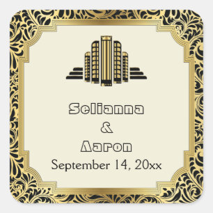 Art Deco Gebäude schwarz goldene Hochzeit Save the Quadratischer Aufkleber