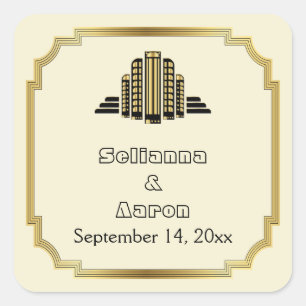 Art Deco Gebäude schwarz goldene Hochzeit Save the Quadratischer Aufkleber