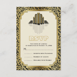 Art Deco Gebäude schwarz, Goldhochzeit RSVP Karte