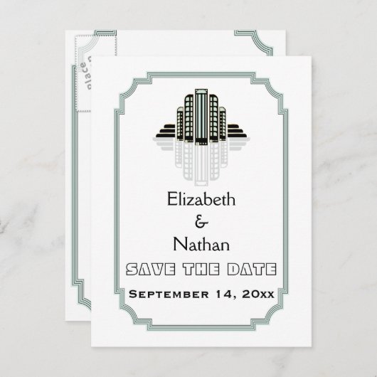 Art Deco Gebäude Schwarze Minze Hochzeit Speichern Ankündigungspostkarte (Vorne/Hinten)