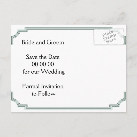 Art Deco Gebäude Schwarze Minze Hochzeit Speichern Ankündigungspostkarte (Rückseite)