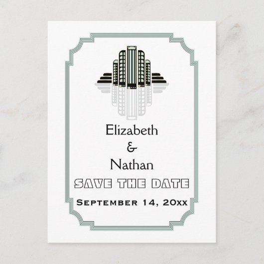 Art Deco Gebäude Schwarze Minze Hochzeit Speichern Ankündigungspostkarte (Vorderseite)