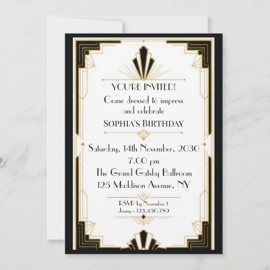 Art Deco Geburtstag Einladung (Vorderseite)