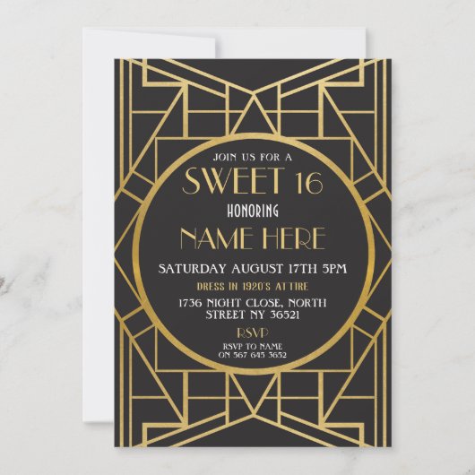 Art Deco Geburtstag Sweet 16 Gatsby Party Einladung (Vorderseite)