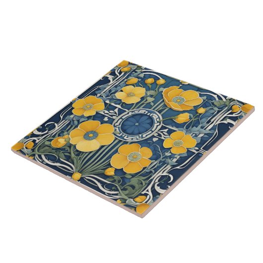 Art Deco Gelbe Blumen Jugendstil Blaue Flora Fliese (Seite)