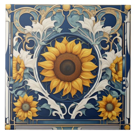 Art Deco Gelbe Sonnenblumen Jugendstil Blau Fliese (Vorderseite)