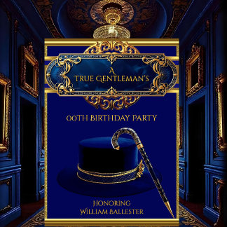 Art Deco Gentlemens Hat Cane Gold Navy Geburtstag Einladung