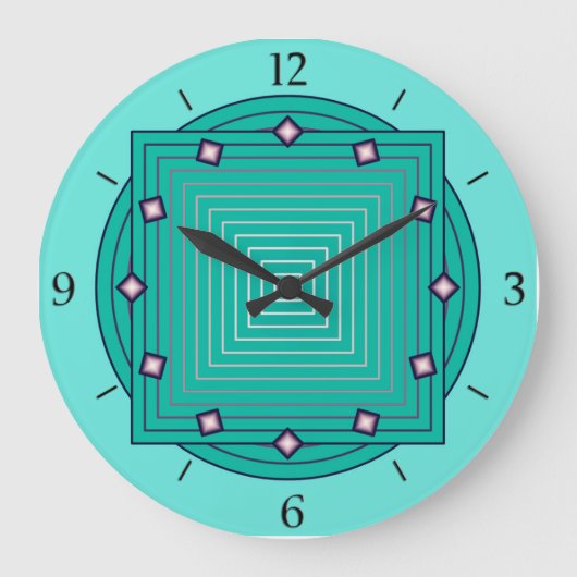 Art Deco Geometric, Aqua und Türkis Blue Große Wanduhr (Vorderseite)