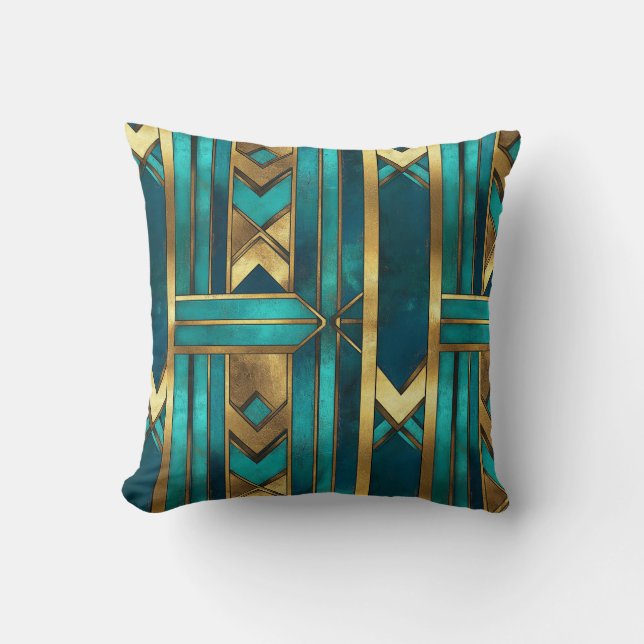 Art Deco Geometric Arrows, Gold and Turquoise Kissen (Vorderseite)