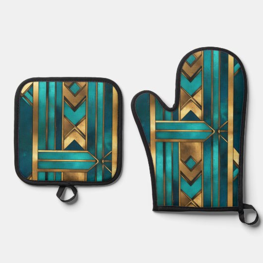 Art Deco Geometric Arrows, Gold and Turquoise Ofenhandschuh & Topflappen-Set (Vorderseite)