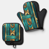 Art Deco Geometric Arrows, Gold and Turquoise Ofenhandschuh & Topflappen-Set (Vorderseite/Rückseite)