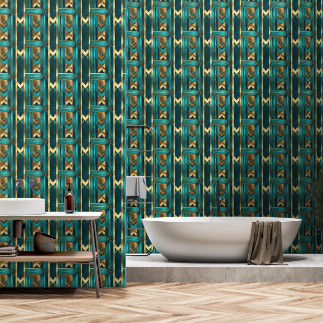 Art Deco Geometric Arrows, Gold and Turquoise Tapete (Badezimmer)
