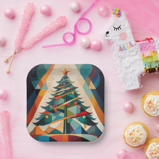 Art Deco Geometric Christmas Tree Triangle Pappteller (Party)