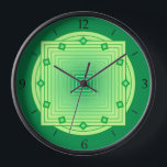 Art Deco Geometric, Emerald und Lime Green Uhr<br><div class="desc">Uhr in überlappenden geometrischen Mustern,  bestehend aus Farbstreifen,  von mittel bis pastellgrün,  auf einem smaragdgrünen Hintergrund,  mit 3-D-schimmerndem,  rautenförmigen Akzenten zu den Stunden.</div>