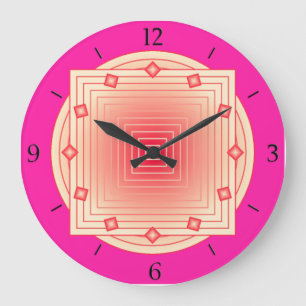 Art Deco Geometric, Fuchsia Pink und Coral Große Wanduhr