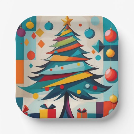 Art Deco Geometric Joyful Christmas Tree mit Gesch Pappteller (Vorderseite)