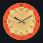 Art Deco Geometric, Mandarin Orange und Gelb Große Wanduhr<br><div class="desc">Uhr in überlappenden geometrischen Mustern,  bestehend aus Farbverlauf Streifen,  von leicht bis tiefgoldgelb,  auf einem tiefen mandarinorangen / Mandarine Hintergrund,  mit 3-D-Look diamantförmigen Akzenten in den Stunden.</div>