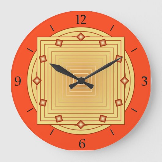Art Deco Geometric, Mandarin Orange und Gelb Große Wanduhr (Vorderseite)