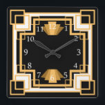 Art Deco Geometric Muster Custom Quadratische Wanduhr<br><div class="desc">Vintager Stil der 20er Jahre thematisch geometrische Art Deko Uhr in Gold und Schwarz mit individueller Hintergrundfarbe! Es ist geometrisches Design fügt ihm eine Touch modernen Flairs hinzu. Dekorieren Sie einen rauschenden Deko aus den zwanziger Jahren oder ein modernes Zimmer aus der Mitte des Jahrhunderts!</div>