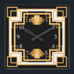 Art Deco Geometric Muster Custom Quadratische Wanduhr<br><div class="desc">Vintager Stil der 20er Jahre thematisch geometrische Art Deko Uhr in Gold und Schwarz mit individueller Hintergrundfarbe! Es ist geometrisches Design fügt ihm eine Touch modernen Flairs hinzu. Dekorieren Sie einen rauschenden Deko aus den zwanziger Jahren oder ein modernes Zimmer aus der Mitte des Jahrhunderts!</div>