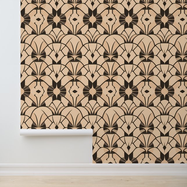 Art Deco Geometric Muster in Beige und Schwarz Tapete (Anwendung)