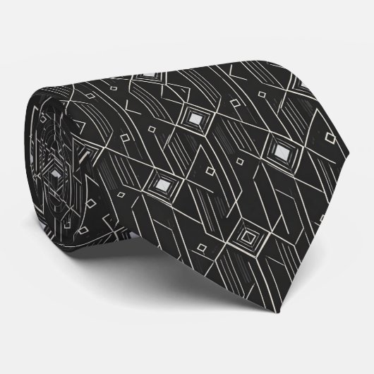Art Deco Geometrie Schwarz & Silber Luxus-Muster Krawatte (Gerollt)