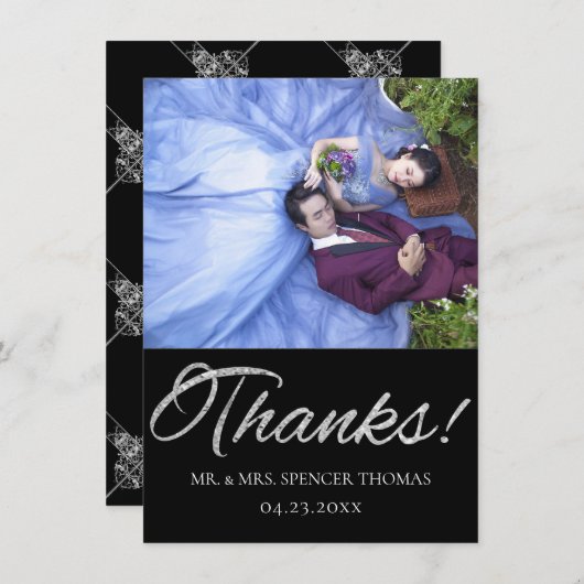 Art Deco | Geometrisch schwarz und silber Dankeskarte (Vorne/Hinten)