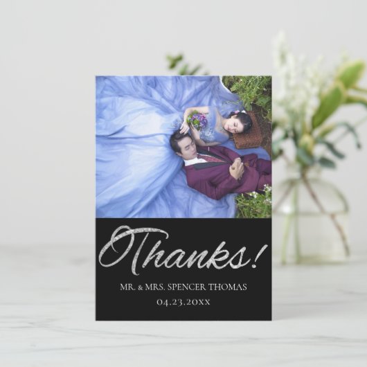 Art Deco | Geometrisch schwarz und silber Dankeskarte (Stehend Vorderseite)